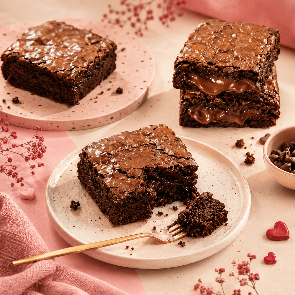 Brownies artesanais servidos em pratos sobre uma mesa rosa e creme